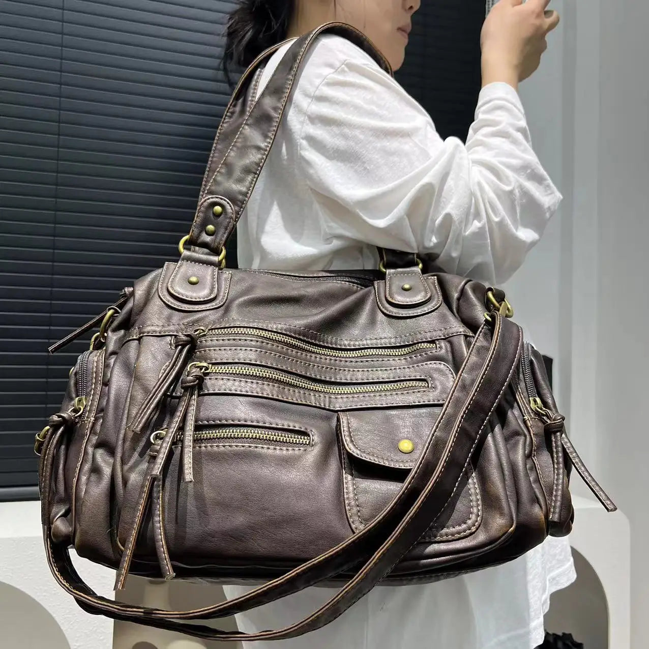 Sac Fourre-tout Femme Style Moto Vintage Zippé
