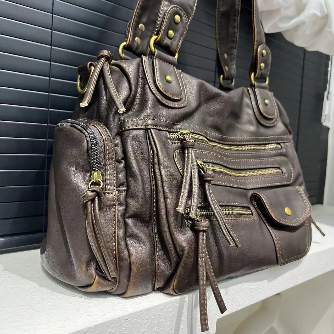 Sac Fourre-tout Femme Style Moto Vintage Zippé