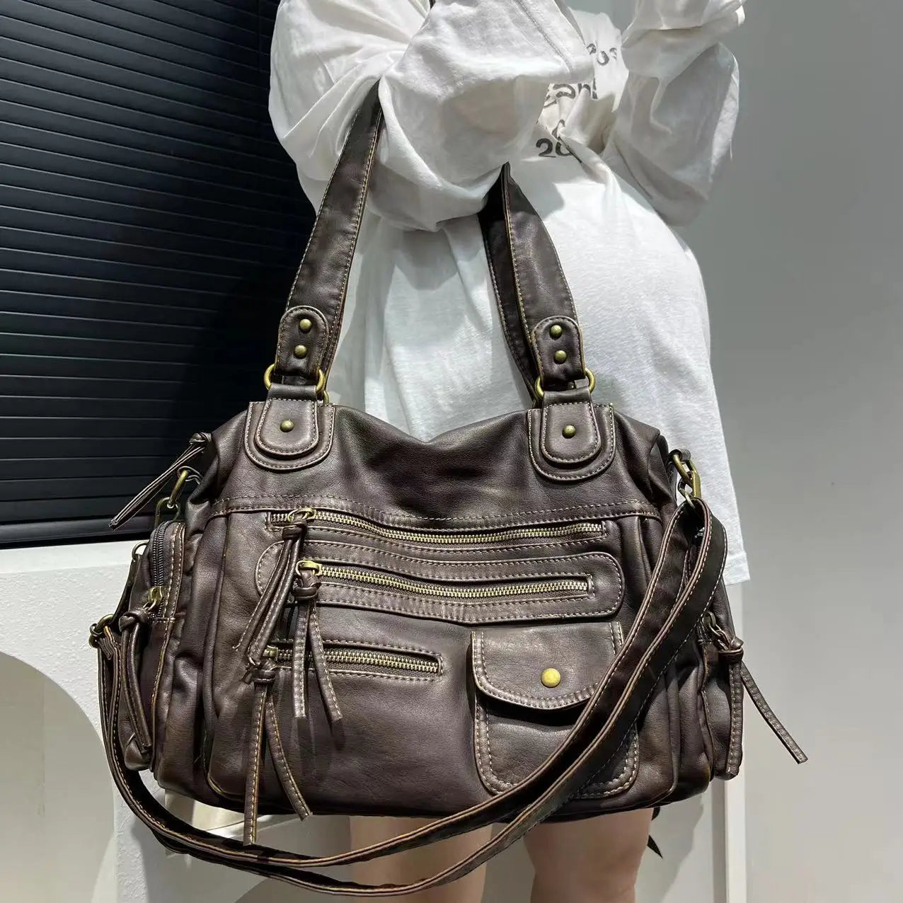 Sac Fourre-tout Femme Style Moto Vintage Zippé