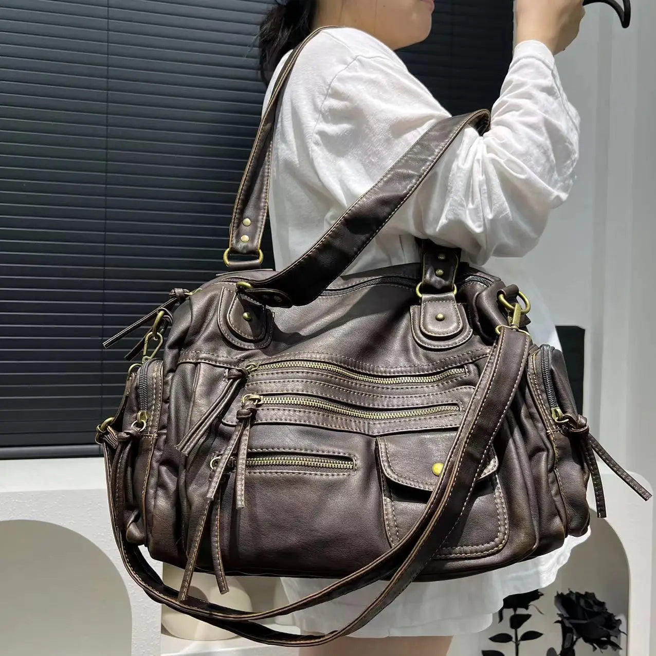 Sac Fourre-tout Femme Style Moto Vintage Zippé