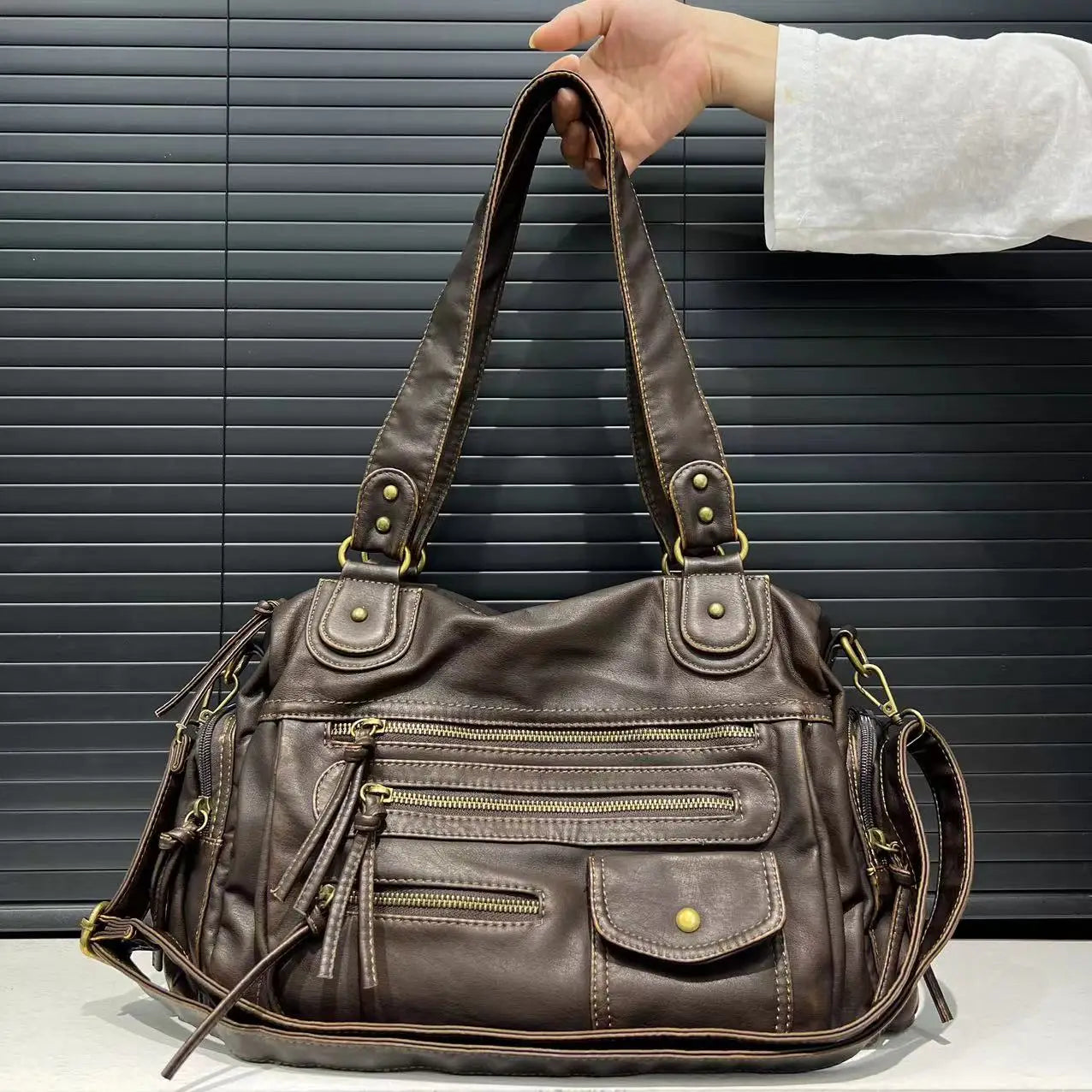 Sac Fourre-tout Femme Style Moto Vintage Zippé