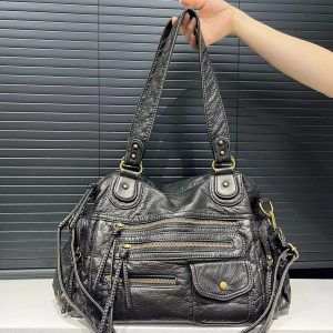 Sac Fourre-tout Femme Style Moto Vintage Zippé