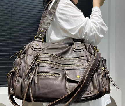 Sac Fourre-tout Femme Style Moto Vintage Zippé