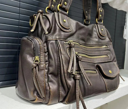 Sac Fourre-tout Femme Style Moto Vintage Zippé