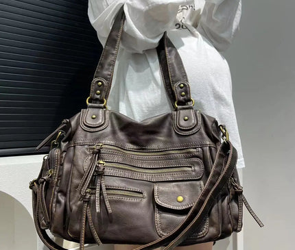 Sac Fourre-tout Femme Style Moto Vintage Zippé