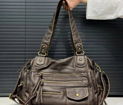 Sac Fourre-tout Femme Style Moto Vintage Zippé