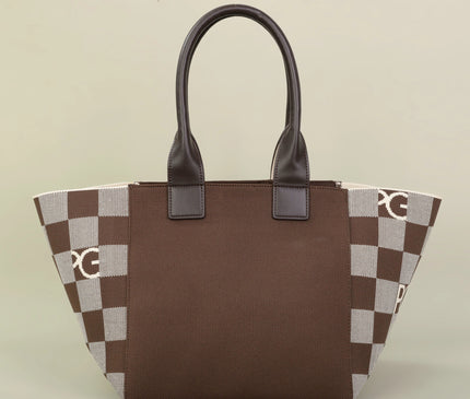 Sac Fourre-tout Marron Beige Géométrique Zippé