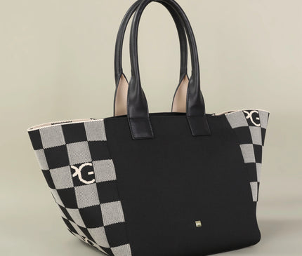 Sac Fourre-tout Marron Beige Géométrique Zippé